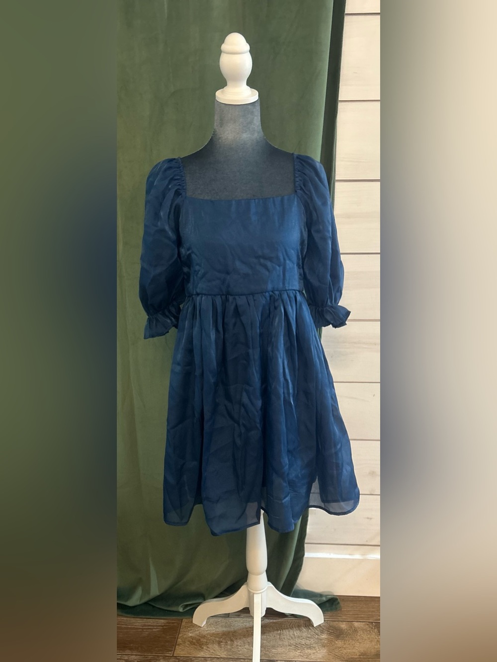 Kids Navy Blue Puff Sleeve Party Dress